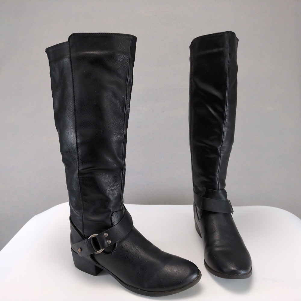 Madden Girl Black Faux Leather Riding Moto Knee High Boots Womens 7 Edgy Biker